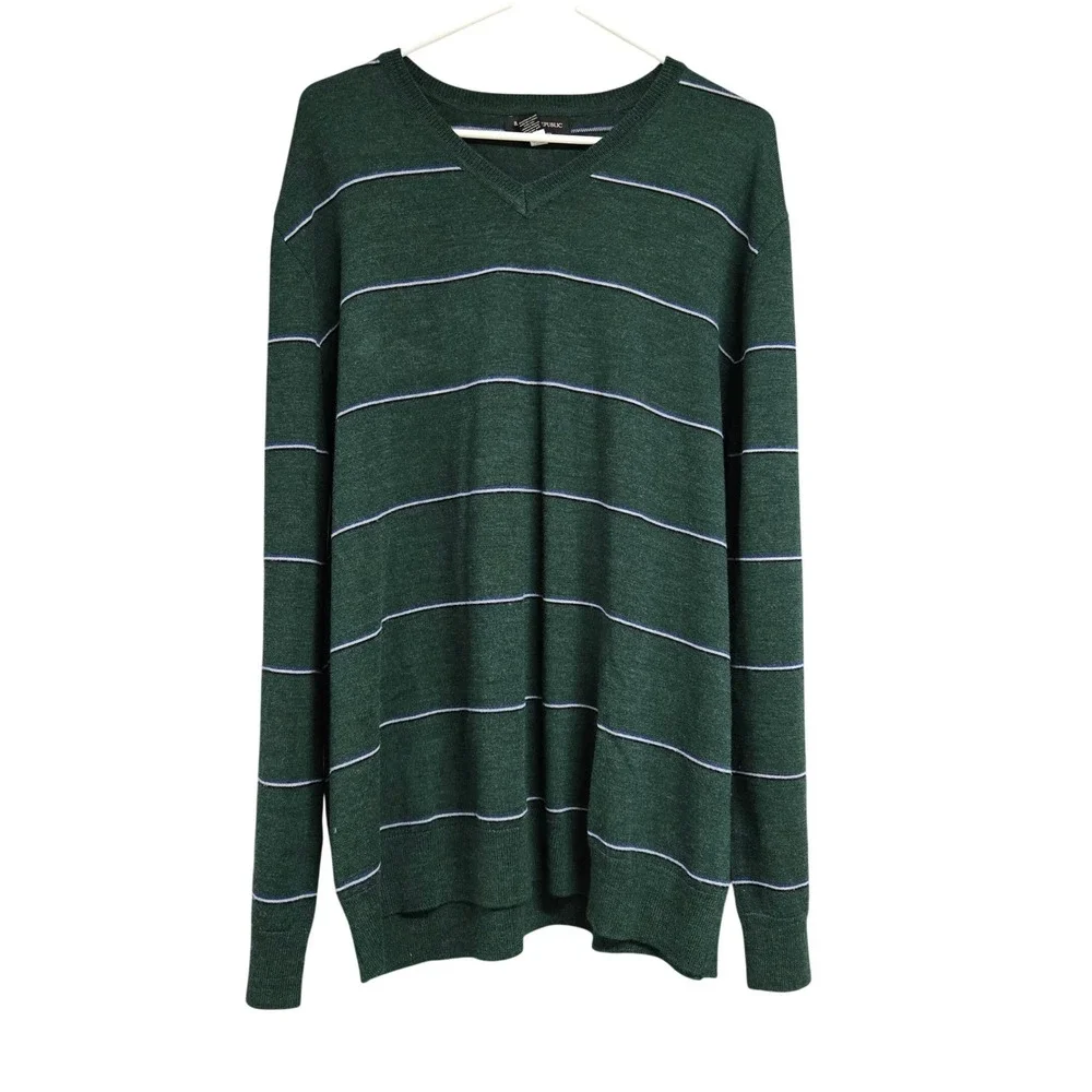 Banana Republic 100% Merino Wool V-Neck Sweater Forest Green Striped Men's XXL